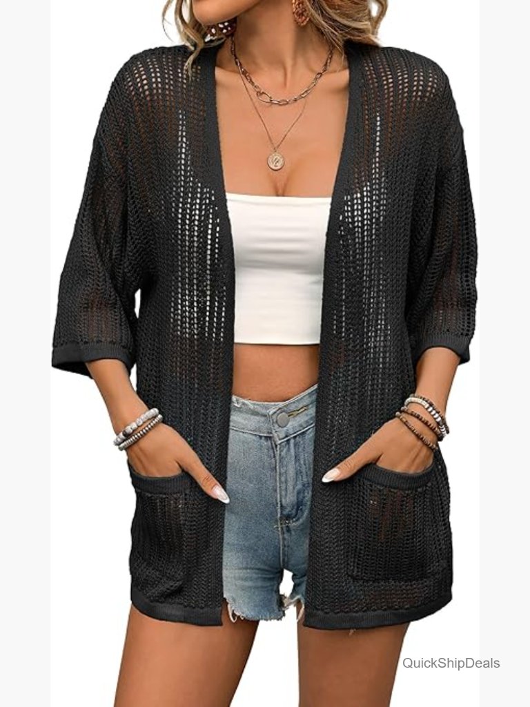 Lightweight Crochet Cardigan 3/4 Sleeve Open Front Sheer Knit With Pockets